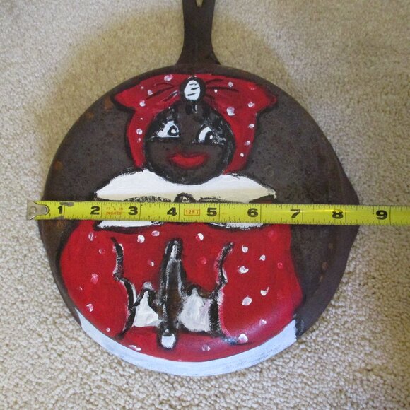 Rustic, VTG Cast Iron skillet 13" x 8" Hand Painted Black Americana, heavy - Picture 3 of 6